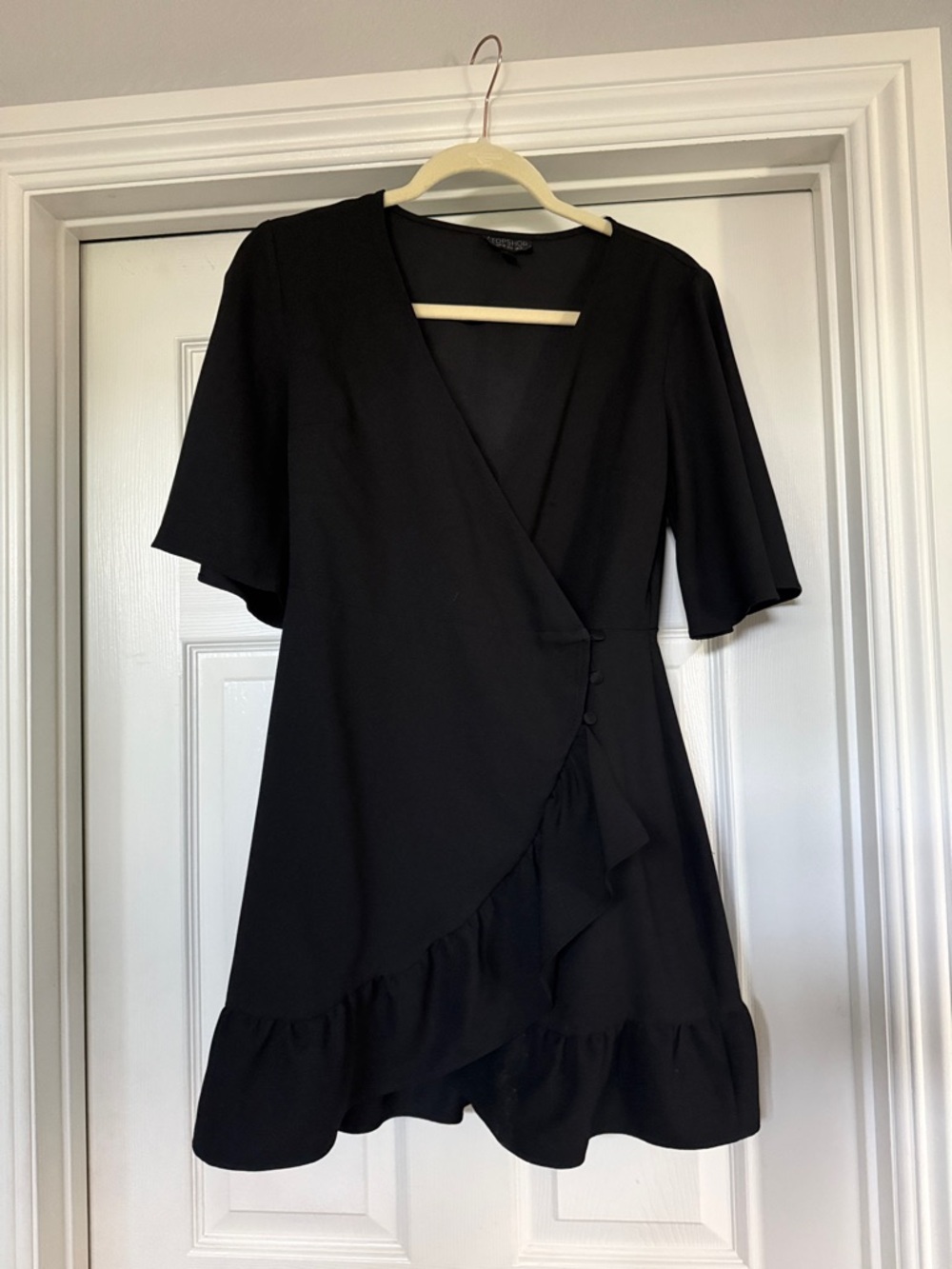 Topshop Black Wrap Mini Dress with Ruffle Hem